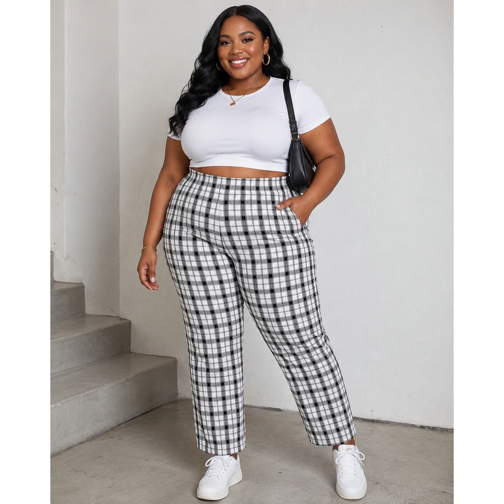 Princess Polly Pants Women 18 Black White Plaid Wide Leg High Waist Gingham